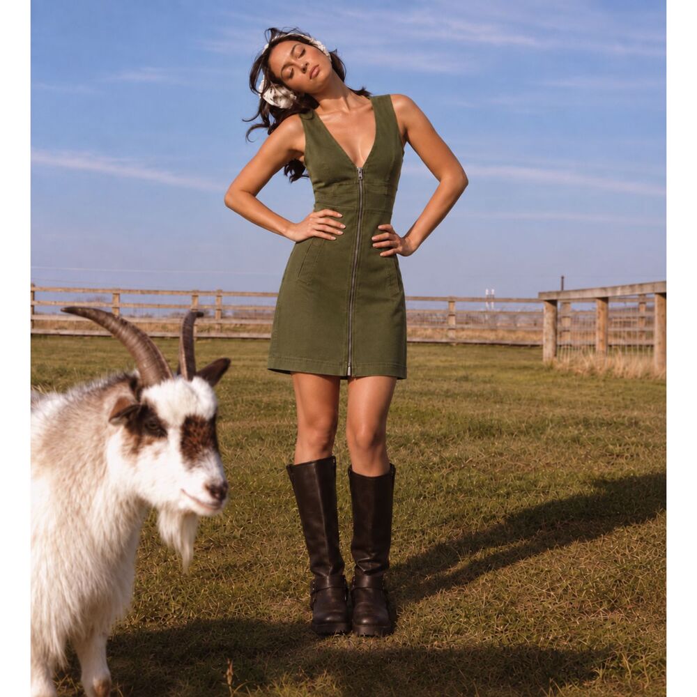 Line + Dot Olive Green Zip Front Utility Mini Dress Vest Size M